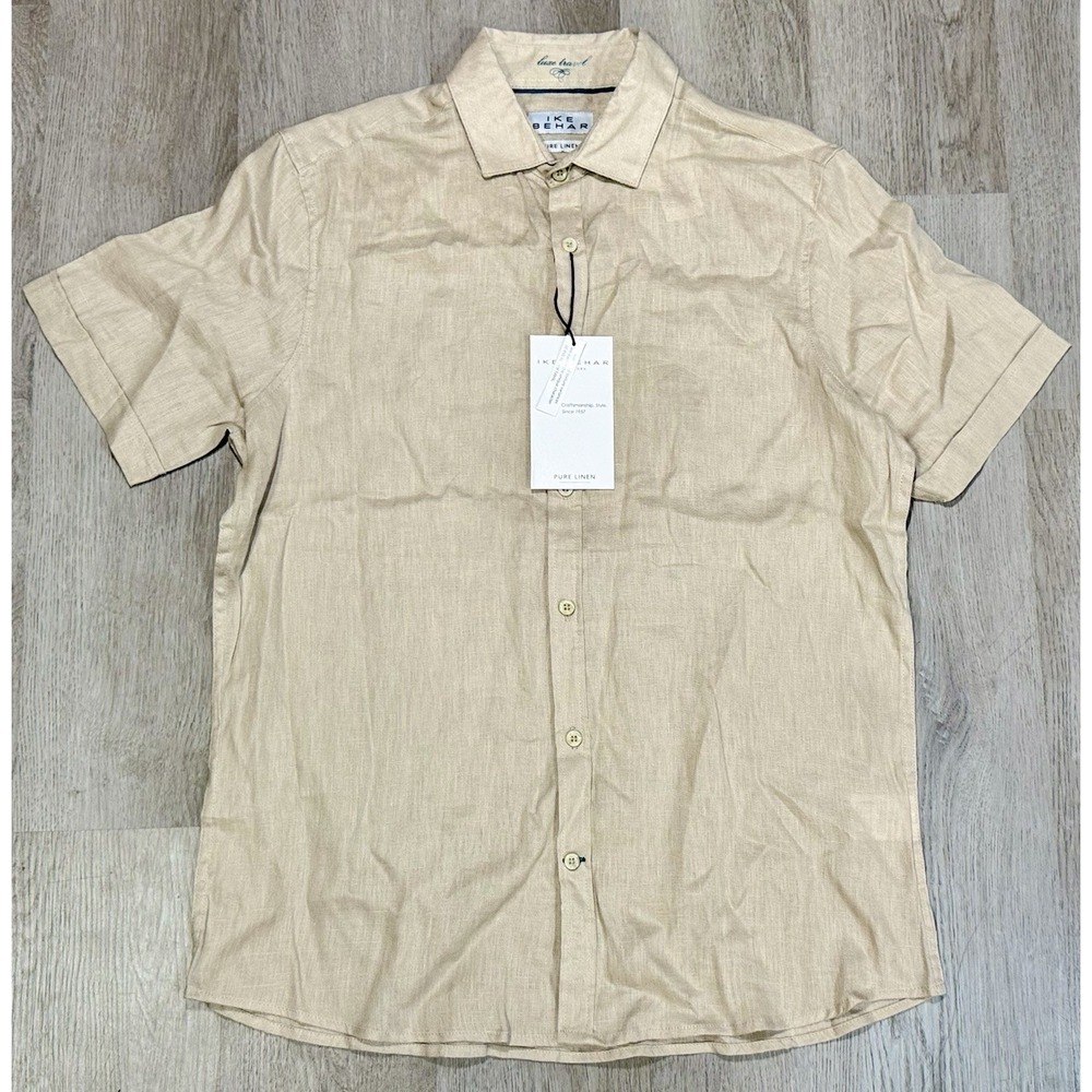 Ike Behar Luxe Travel Shirt Men Size Small Mushroom Beige Linen Button Down NWT
